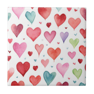 Azulejo Watercolor Moderno Rojo Pink Blue Heart Pattern