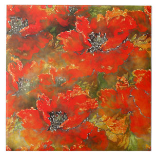 Azulejo Watercolor Poppies Reddish-Naranja