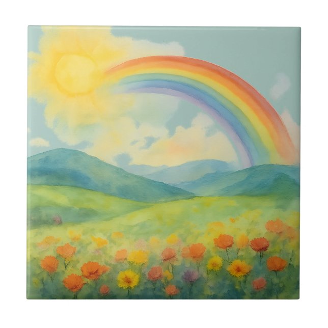 Azulejo Watercolor Rainbow Landscape with Sun&Wildflowers (Frente)