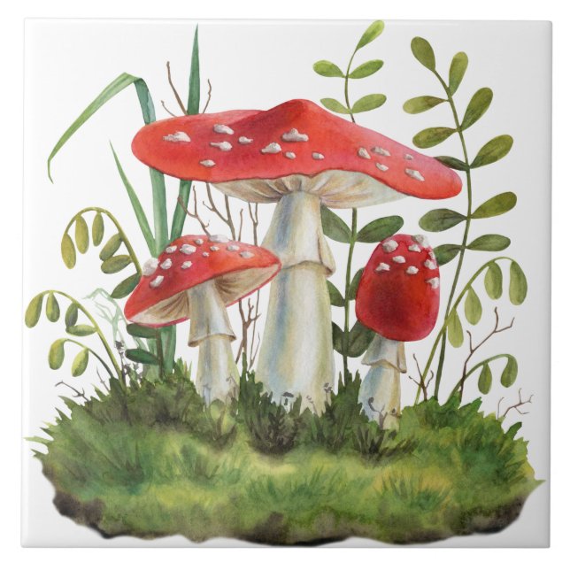 Azulejo Watercolor Red Forest Wild Mushrooms (Frente)