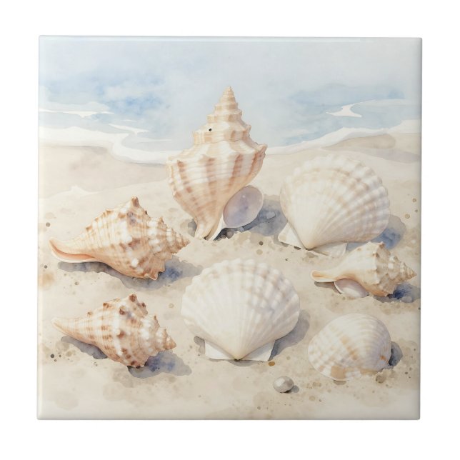 Azulejo Watercolor Seashells Beach Scene (Frente)