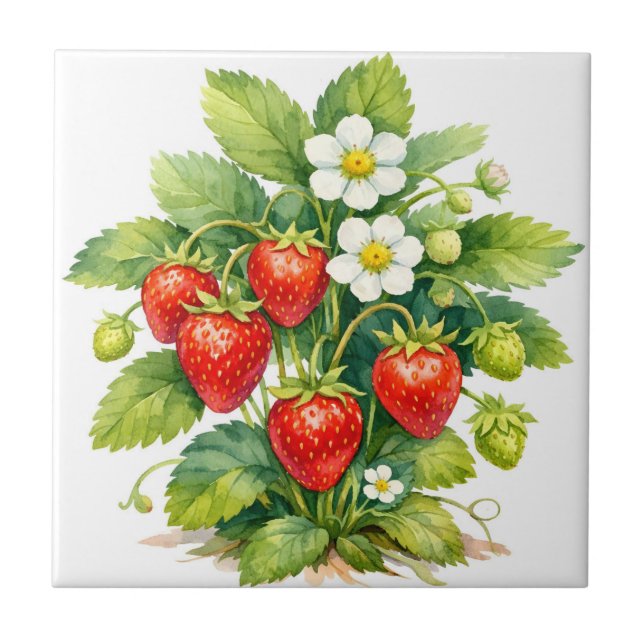 Azulejo Watercolor Strawberries and Berry Blossom  (Frente)