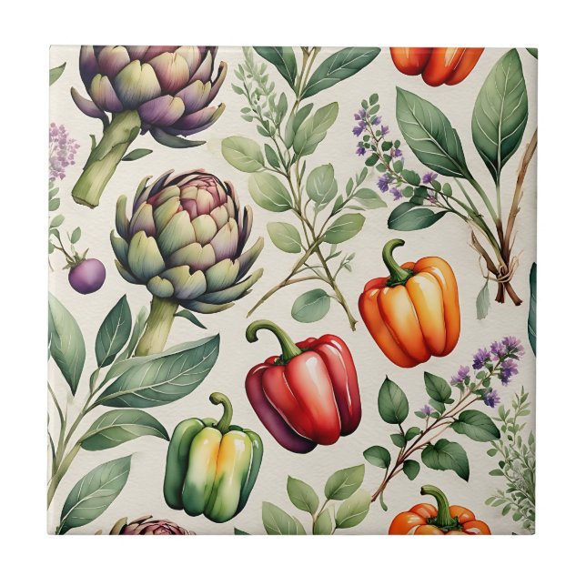 Azulejo Watercolor Vegetable Garden Pattern (Frente)