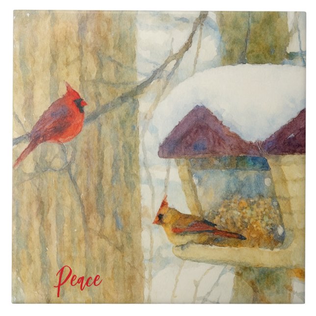 Azulejo Watercolor Winter Cardinals (Frente)