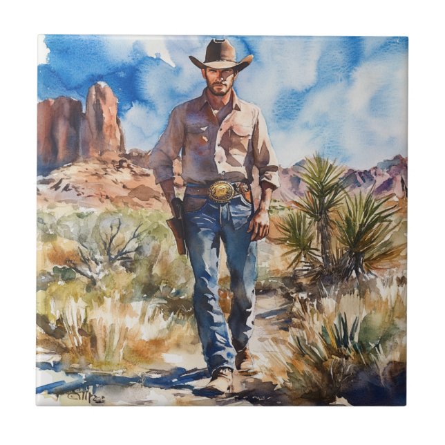 Azulejo Watercolour Cowboy in Desert (Frente)