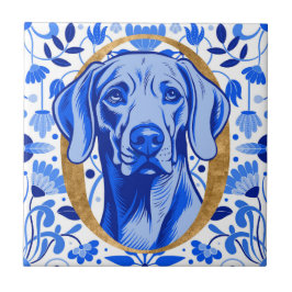 Azulejo Weimaraner peering thru the letter "O" in Gold