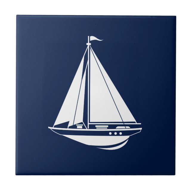 Azulejo Weißes Segelboot auf nautischem Blau – maritime (Frente)