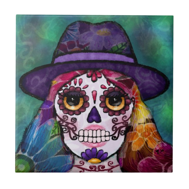 Azulejo Whimsical Abstract Floral Hippie Sugar Skull (Frente)