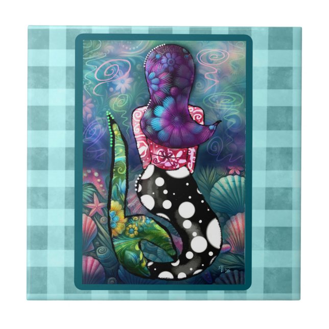 Azulejo Whimsical Abstract Mermaid Nautical Teal Seashells (Frente)