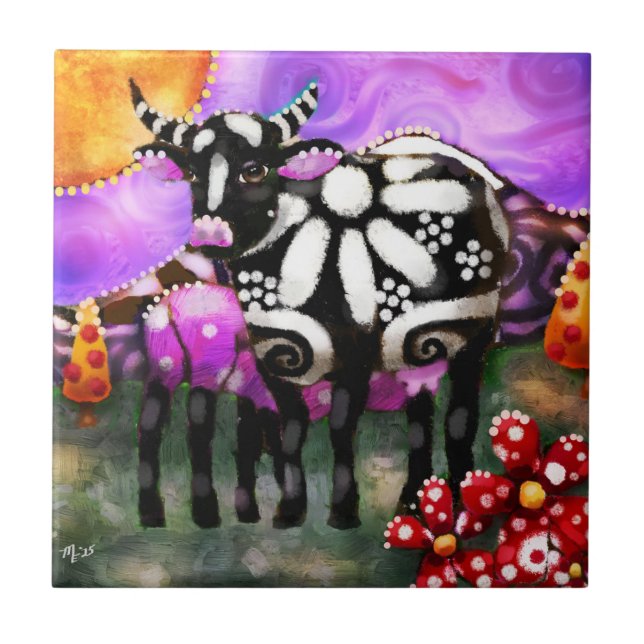 Azulejo Whimsical Abstract Momma & Baby Cow Funky Farm (Frente)
