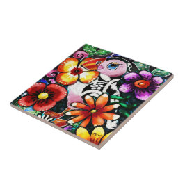 Azulejo Whimsical Abstract Puffin Bird In Flowers