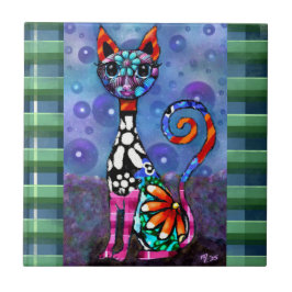 Azulejo Whimsical Big-Eyed Funky Abstract Kitty Cat