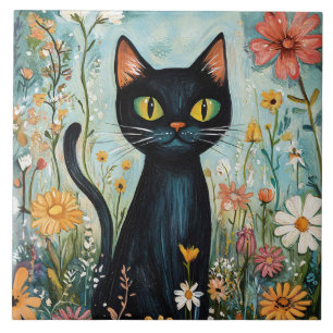 Azulejo Whimsical Black Cat con Ilustracion de flores silv