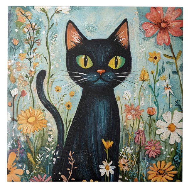 Azulejo Whimsical Black Cat con Ilustracion de flores silv (Frente)