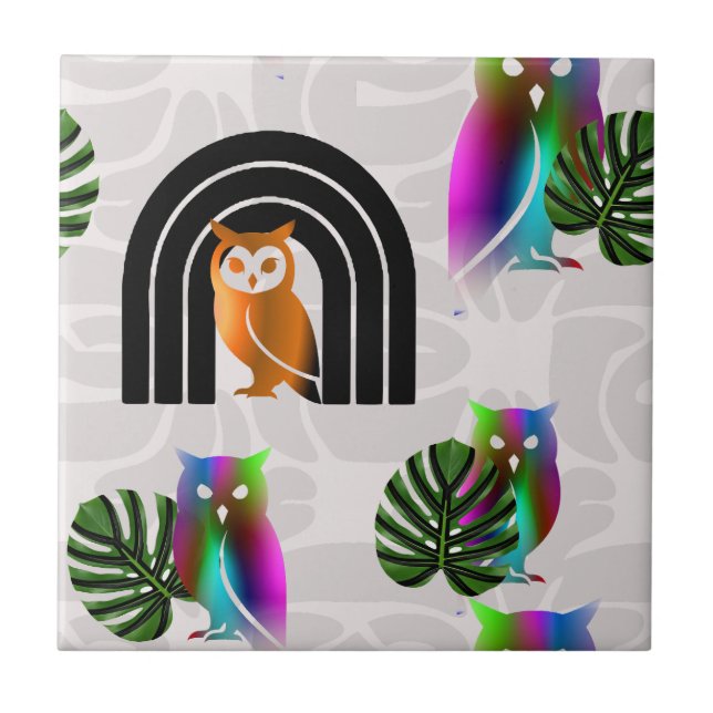 Azulejo Whimsical Boho Owl & Tropical Monstera Leaf (Frente)