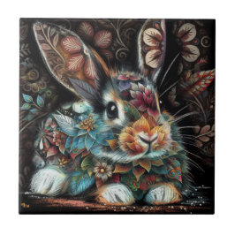 Azulejo Whimsical Bunny Rabbit Floral Resumen Verde azulad