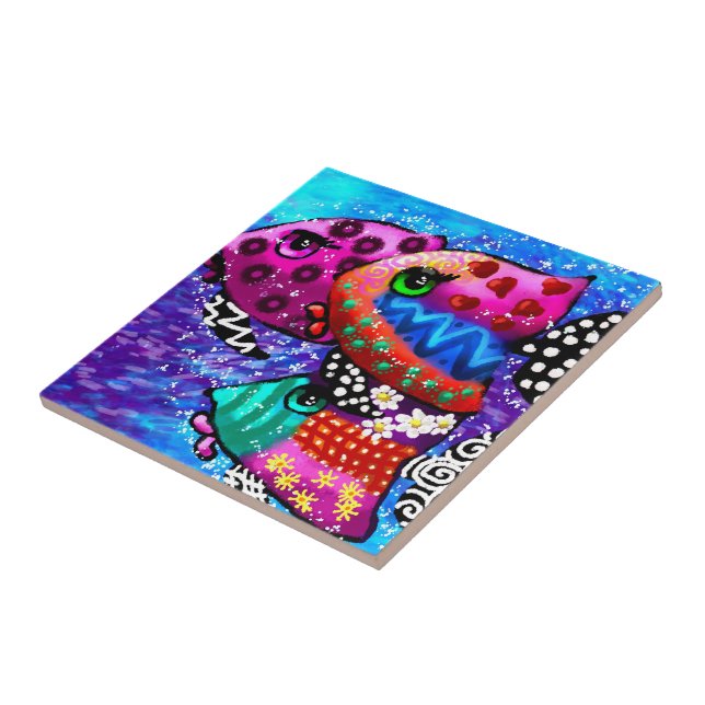 Azulejo Whimsical Fish Trio Colorido Resumen Náutico (Lado)