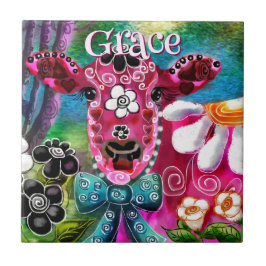 Azulejo Whimsical Floral Cow Pink Teal Black Personalized