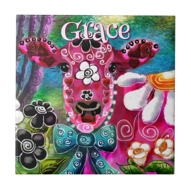 Azulejo Whimsical Floral Cow Pink Teal Black Personalized (Frente)