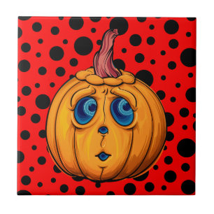Azulejo Whimsical Jack-o'-Lantern sobre Punto de Polka Roj