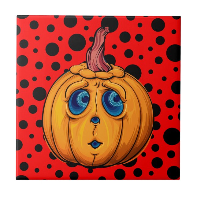 Azulejo Whimsical Jack-o'-Lantern sobre Punto de Polka Roj (Frente)