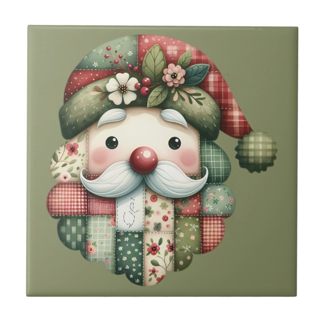 Azulejo Whimsical Patchwork Santa Folk Christmas (Frente)
