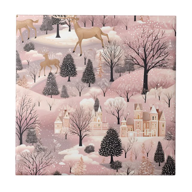 Azulejo Whimsical Pink Winter Landscape (4) (Frente)