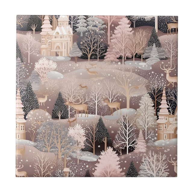 Azulejo Whimsical Pink Winter Landscape (5) (Frente)