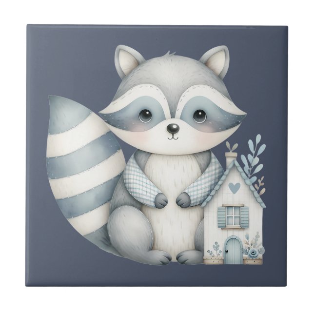 Azulejo Whimsical Raccoon Night Woodland Cottage Scene (Frente)