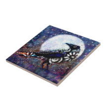 Whimsical Raven Moon Floral Azul Blanco Negro