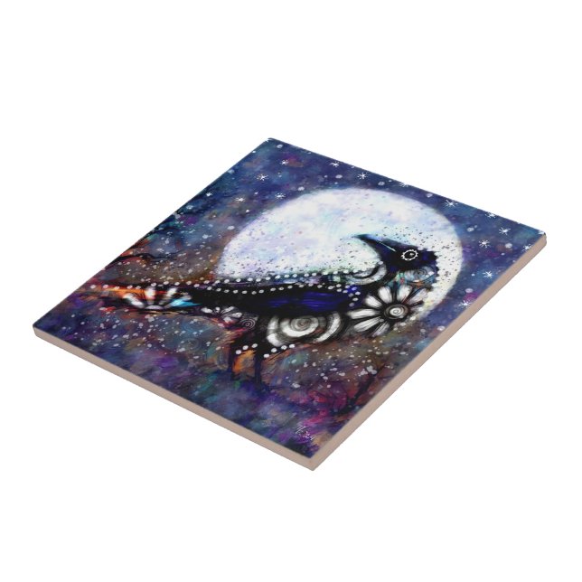 Azulejo Whimsical Raven Moon Floral Azul Blanco Negro (Lado)