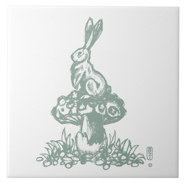 Azulejo Whimsical Sage Green Rabbit on Mushroom Drawing (Frente)