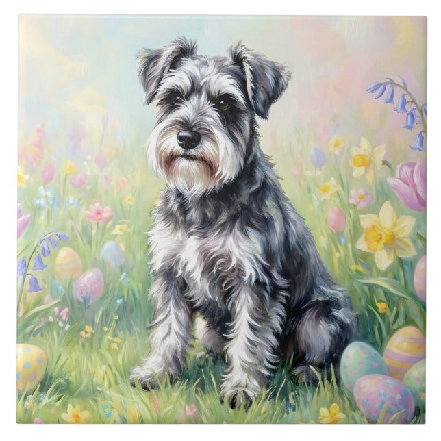 Azulejo Whimsical Schnauzer with Easter Eggs (Frente)