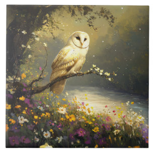 Azulejo Whimsical Snowy White Owu Wildflowers Art