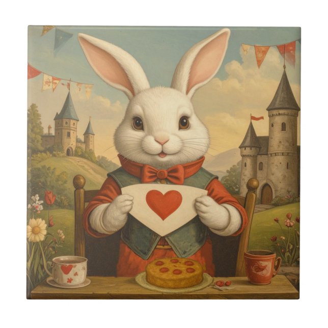 Azulejo Whimsical White Rabbit Hearts Enchanted Wonderland (Frente)