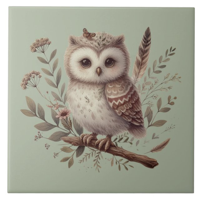 Azulejo Whimsical Woodland Owl Botanical Illustration (Frente)