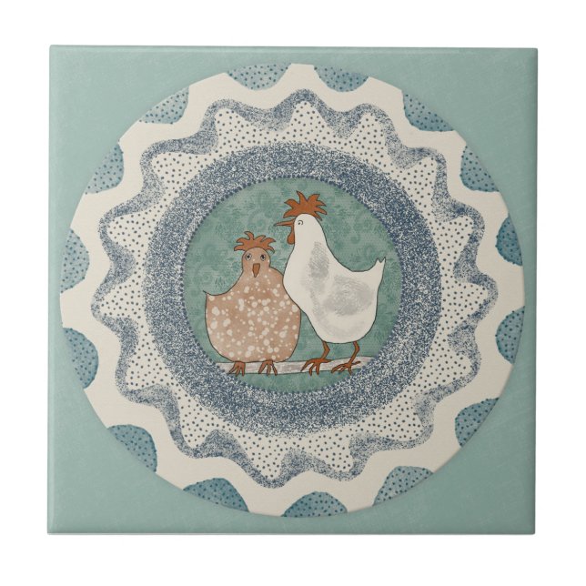 Azulejo Whimsy Chickens Mint Blue Terracotta Teal Aqua (Frente)