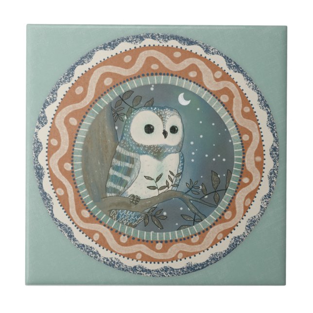 Azulejo Whimsy Owl Mint Blue Terracotta Teal Aqua (Frente)