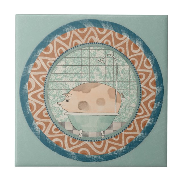 Azulejo Whimsy Pig Mint Blue Terracotta Aqua Teal (Frente)