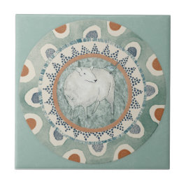 Azulejo Whimsy Sheep & Bird Mint Blue Terracotta Aqua