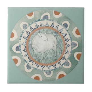 Azulejo Whimsy Sheep & Bird Mint Blue Terracotta Aqua