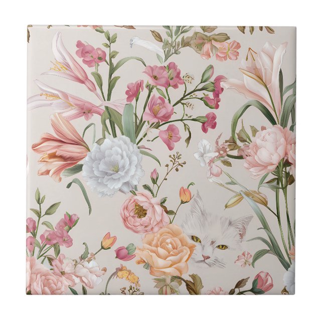 Azulejo White Cats Pink Roses Floral  (Frente)