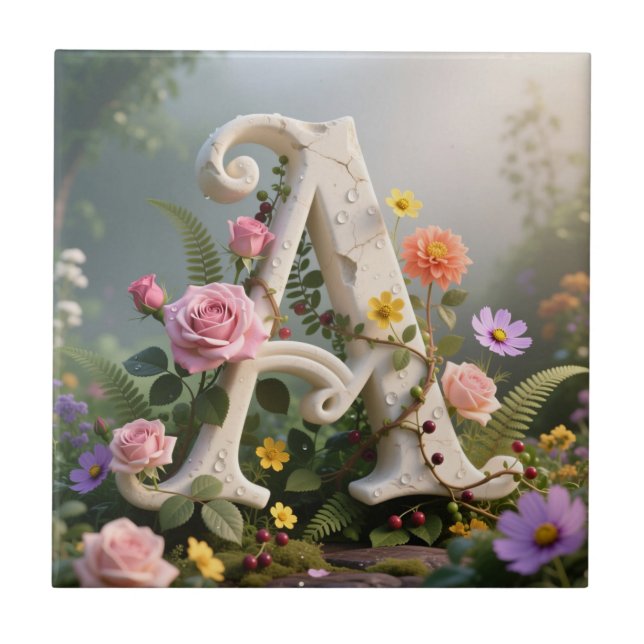 Azulejo White Floral Garden Monogram Letter A (Frente)