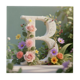 Azulejo White Floral Garden Monogram Letter B