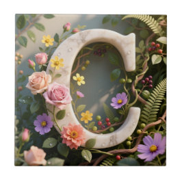 Azulejo White Floral Garden Monogram Letter C
