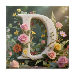 Azulejo White Floral Garden Monogram Letter D