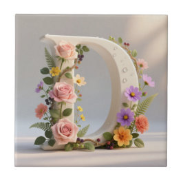 Azulejo White Floral Garden Monogram Letter D