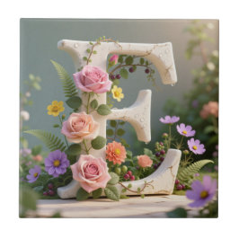 Azulejo White Floral Garden Monogram Letter E