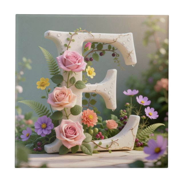 Azulejo White Floral Garden Monogram Letter E (Frente)