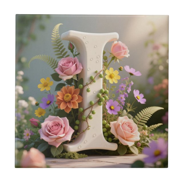 Azulejo White Floral Garden Monogram Letter I (Frente)